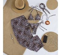 Set bikini da donna con laccetti al collo, sexy ed elegante, comodo, in tessuto ad alta elasticità con stampa leopardata, copricostume da spiaggia, fascia in rete, adatto per spiaggia, resort, feste i