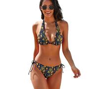 Set bikini da donna con scollo all'americana - Costumi da bagno da donna con stampa in maschera giallo verde con perizoma 2025 Tankini a due pezzi, Multicolore, XL