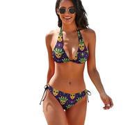 Set bikini da donna con scollo all'americana - Costumi da bagno da donna con stampa in maschera in stile cartone animato 2025 Tankini a due pezzi, multicolore, S