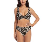 Set bikini da donna con stampa leopardata, costume da bagno a due pezzi con morbida imbottitura rimovibile, Nero , XL