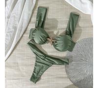 Set bikini da donna elegante in tessuto lucido, con top a fascia imbottito e reggiseno a stecche, e slip a triangolo con laccetti laterali arricciati, 2 pezzi L,M,S,XLColore unicoTessuto