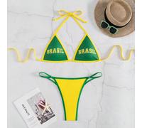 Set bikini da donna estivo da spiaggia con stampa a lettere, allacciatura al collo, sexy e alla moda, due pezzi L,M,S,XL,XS,XXSBlocchi di coloreTessuto