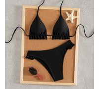Set bikini da donna estivo nuovo per vacanze al mare, casual e dolce, in tessuto a blocchi di colore e righe con texture, carino con bordo floreale, abbinato a pendente in metallo raffinato a forma di
