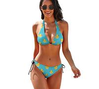 Set bikini da donna in gomma gialla con papera con allacciatura all'americana e laccetti laterali, costume da bagno a due pezzi, Anatra in gomma, XS