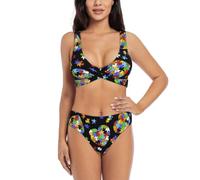 Set bikini da donna per la consapevolezza dell'autismo, con stampa a cuore, con design incrociato, morbidi cuscinetti per il seno staccabili e senza ferretto, Nero , XXL