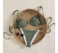 Set bikini da donna verde oliva con texture a conchiglia in tessuto a rete, con cinturini regolabili e decorazione con perle al centro, adatto per le vacanze estive in spiaggia 0XL,1XL,2XL,3XL,4XLColo