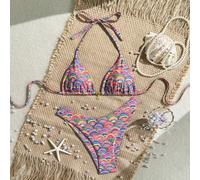 Set bikini estivo da 2 pezzi, con top a bretelle e stampa casuale, slip a vita alta. Comprende anche top hippie annodato, tie-dye, top colorato arcobaleno, bikini con perline, costume da bagno all'unc