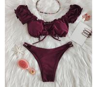 Set bikini mono Reggiseno senza ferretto con lacci con volant & Cheeky Bottom bikini Costume da bagno in 2 pezzi L,M,S,XSColore unicoTessuto