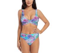 Set bikini oceano a squame di pesce costume da bagno due pezzi set per le donne con pantaloncini costume da bagno due pezzi Halter Neck, Nero , L