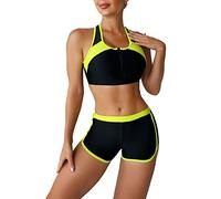 Set bikini sportivo, traspirante, elegante, 2 pezzi, costume da bagno con cerniera frontale, reggiseno elegante a blocchi di colore, per feste in spiaggia, Giallo, L