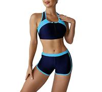 Set bikini sportivo, traspirante, elegante, 2 pezzi, costume da bagno con cerniera frontale, reggiseno elegante a blocchi di colore, per feste in spiaggia, Blu, S