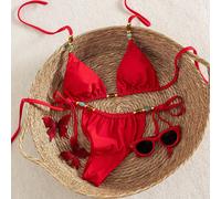 Set Bikini Verde Oliva con Perline - Top Triangolare Elegante & Slip con Laccetti Laterali con Accenti di Perle Finte | Abbigliamento da Spiaggia per Vacanze Estive L,M,S,XSColore unicoTessuto