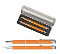 Set Biro Penna a Sfera E Portamina con Incisione Regalo di Alta Qualità Bestandene Prüfung Regalo Personalizzato Blauschreibend - Arancione, 16x5,5x2 cm