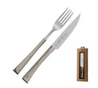 Set Bistecca due pezzi con coltello stretto 13 cm e forchetta colore nocciola, manico in paperstone perfetto per carni e bistecche di spessore nocciola
