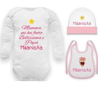 set Body tutina cappello bavetta neonata divertenti per tifosa milanista come papà manica lunga in caldo cotone (corredino neonata body cappello bavetta, 06: 6-9 mesi)