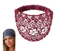 Set Boho-chic Crystal & Pearl Embellished Wide Headbands, Boho Chic Headband, Hair Accessories with Floral Lace Trim (Red)