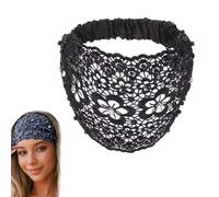 Set Boho-chic Crystal & Pearl Embellished Wide Headbands, Boho Chic Headband, Hair Accessories with Floral Lace Trim (Black)