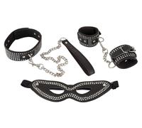 Set Bondage Manette Collare Guinzaglio Mascherina Nero con Strass 4 Pezzi