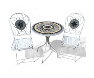 Set bristò 1 tavolo e 2 sedie in acciaio marmo con decorazioni mosaico bianco e grigio da giardino