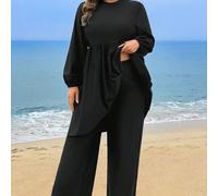 Set Burkini oversize con maniche e pantaloni larghi, colore nero, adatto per vacanze al mare in Medio Oriente 0XL,1XL,2XL,3XL,4XLColore unicoTessuto in maglia