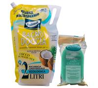 SET: Busta Maxi Ricarica BAGNO DOCCIA COCCO. Deterge Con Dolcezza La Pelle, Lasciandola Morbida e Profumata 2L + Spugna Per Il Corpo ANTI-CELLULITE (1 Busta + 1 Spugna)