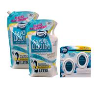 SET: Busta Maxi Ricarica SAPONE LIQUIDO Idratante & Delicato, Con ANTIBATTERICO NATURALE. Per Mani, Viso e Corpo 2L + Profumatore BAGNO, Risveglio Primaverile (Pacco Doppio) (2 Buste + 1 Profumatore)