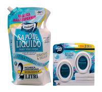 SET: Busta Maxi Ricarica SAPONE LIQUIDO Idratante & Delicato, Con ANTIBATTERICO NATURALE. Per Mani, Viso e Corpo 2L + Profumatore BAGNO, Risveglio Primaverile (Pacco Doppio) (1 Bust 1 Profumatore)