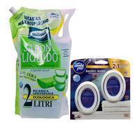 SET: Busta Maxi Ricarica SAPONE LIQUIDO Per Mani, Viso e Corpo ALOE VERA. Pensato Per L'Igiene e La Pulizia Quotidiana 2L + Profumatore BAGNO, OCEANO (Pacco Doppio) (1 Busta + 1 Profumatore)