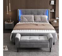 Set camera da letto completo, design moderno, letto imbottito + 1 comodino + sgabello letto matrimoniale con 16 strisce luminose colorate sulle orecchie laterali, comodino con 2 cassetti, velluto