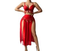 Set camicia da notte seducente in pizzo da donna, gonna lunga trasparente con paillettes, elegante set di biancheria da notte per notti, Colore: rosso, XL