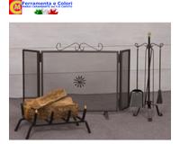 LA VECCHIA FUCINA Attrezzi per Camino Set 7 Accessori: Parascintille 3 Ante, Supporto 4 attrezzi, Brucialegna - 902