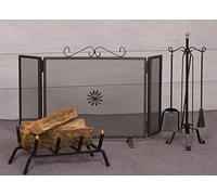 LA VECCHIA FUCINA Attrezzi per Camino Set 7 Accessori: Parascintille 3 Ante, Supporto 4 attrezzi, Brucialegna - 902