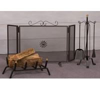 SET CAMINO ROCCARASO 5 accessori in ferro e ottone + parascintille e brucialegna