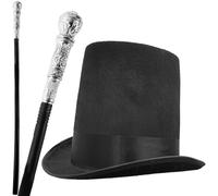 Set cappello a cilindro nero e canna argentata, accessori per travestimento in stile vittoriano per bambini/adulti, per Halloween, teatro, costumi gotici o maghi, 55 cm, canna da 31,5 cm
