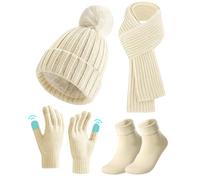 Set Cappello Guanti Sciarpa Invernale, 4 Pezzi Cappello e Scaldacollo Guanti Touch Screen Calzini, Set Regalo Berretto Sci Caldo Lavorato Maglia Spessa per Donne Sport All'Aria Aperta Invernali