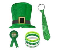 Set cappello per leprechaun cravatta trifoglio spilla | Copricapo per festa di San Patrizio per le vacanze, braccialetti con spilla a forma di trifoglio per adulti e bambini