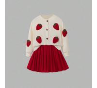 Set cardigan lavorato a maglia con gonna plissettata, da ragazza, con ricamo fragola. Questo maglione lavorato a maglia presenta un vivace disegno ricamato a fragole, realizzato in morbido tessuto lav