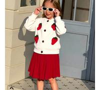 Set cardigan lavorato a maglia con gonna plissettata, da ragazza, con ricamo fragola. Questo maglione lavorato a maglia presenta un vivace disegno ricamato a fragole, realizzato in morbido tessuto lav