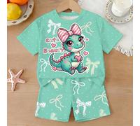 Set carino di dinosauri per ragazze giovani, verde menta a pois + fiocco, maglietta a maniche corte con grafica di dinosauro cartone animato che abbraccia un cuore e pantaloncini, outfit estivo da 2 p