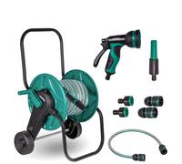 Set carrello avvolgitubo con tubo da giardino da 20m | Incl. 3 ugelli e giunti