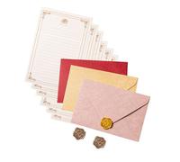 Set carta da cancelleria antica che include 6 fogli carta da lettere (foglio a righe), 3 buste abbinate e 3 buste decorative con timbri adesivi