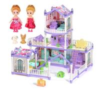 Set casa delle bambole con 9 stanze su 3 piani, include 2 bambole, 2 animali domestici, 12 mobili e altri accessori, regalo perfetto per ragazze, casa delle bambole da sogno