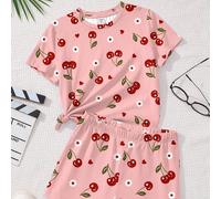 Set casual a due pezzi composto da maglietta a maniche corte con scollo tondo e pantaloncini, con stampa floreale retrò a cuori e ciliegie, in stile vacanziero, adatto a ragazze adolescenti, per la pr
