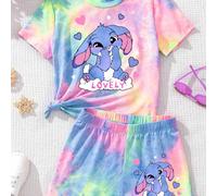 Set casual a maniche corte da 2 pezzi con motivo di coniglio blu Lulu e Stitch stile kawaii, tie-dye fresco, adatto per ragazze pre-adolescenti, ideale per l'estate, il ritorno a scuola, le vacanze, i