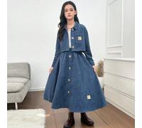 Set casual abbinato per ragazze pre-adolescenti - top corto con colletto e gonna di media lunghezza, 2 pezzi/set 8Y,9Y,10Y,11Y,12YLettereTessuto intrecciato