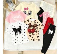Set casual basic da 4 pezzi casuali, invio di 1 pezzo, maglietta corta + leggings per bambina, stile creativo kawaii con grandi occhi, stampa leopardata, fiocco, lettere e pois, per primavera, estate 