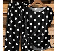 Set casual da 2 pezzi composto da blusa con fiocco e stampa a pois bianchi su sfondo nero, e pantaloni dritti e morbidi, adatto per primavera ed estate, in stile vintage L,M,S,XL,XS,XXL,XXS,XXXL,XXXXL