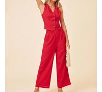 Set casual da 2 pezzi composto da camicetta senza maniche con scollo a V e orlo asimmetrico con bottoni davanti, insieme a pantaloni diritti con tasche inclinate e chiusura lampo davanti, realizzato i