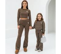 Set casual da 2 pezzi composto da felpa girocollo a maniche lunghe con stampa a righe beige e cavallo in stile vintage "Mori girl", e pantaloni a zampa, adatto per autunno/inverno, stile casual da cam