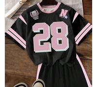 Set casual da 2 pezzi composto da maglietta a maniche corte e pantaloncini con stampa a stelle in inglese numero 28, adatto per ragazze in età pre-adolescenziale, ideale per la stagione scolastica e d